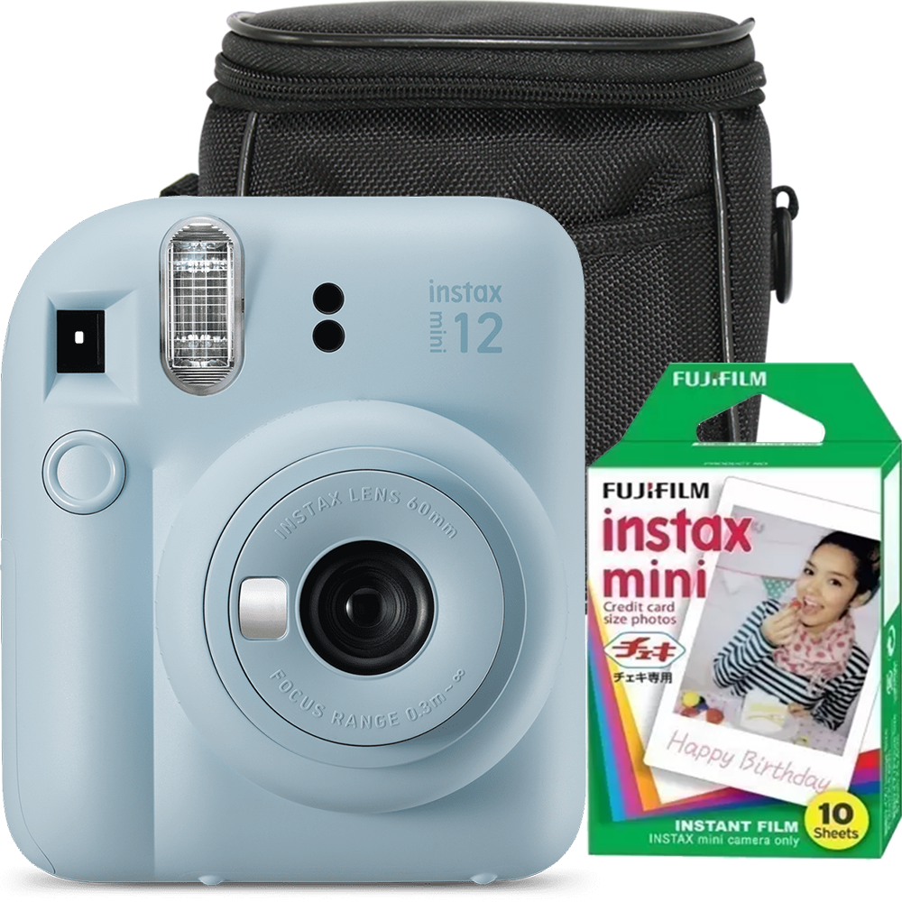 Camera foto instant Fujifilm Instax mini 12, Clay White cu 10 filme si husa