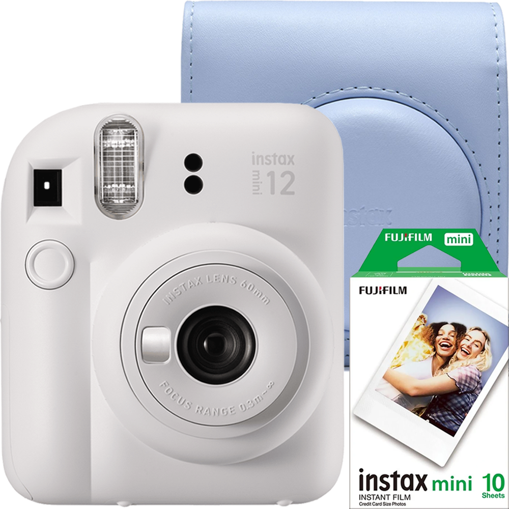 Aparat foto instant Fujifilm Instax mini 12, Clay White cu husa bleu si film 1x10