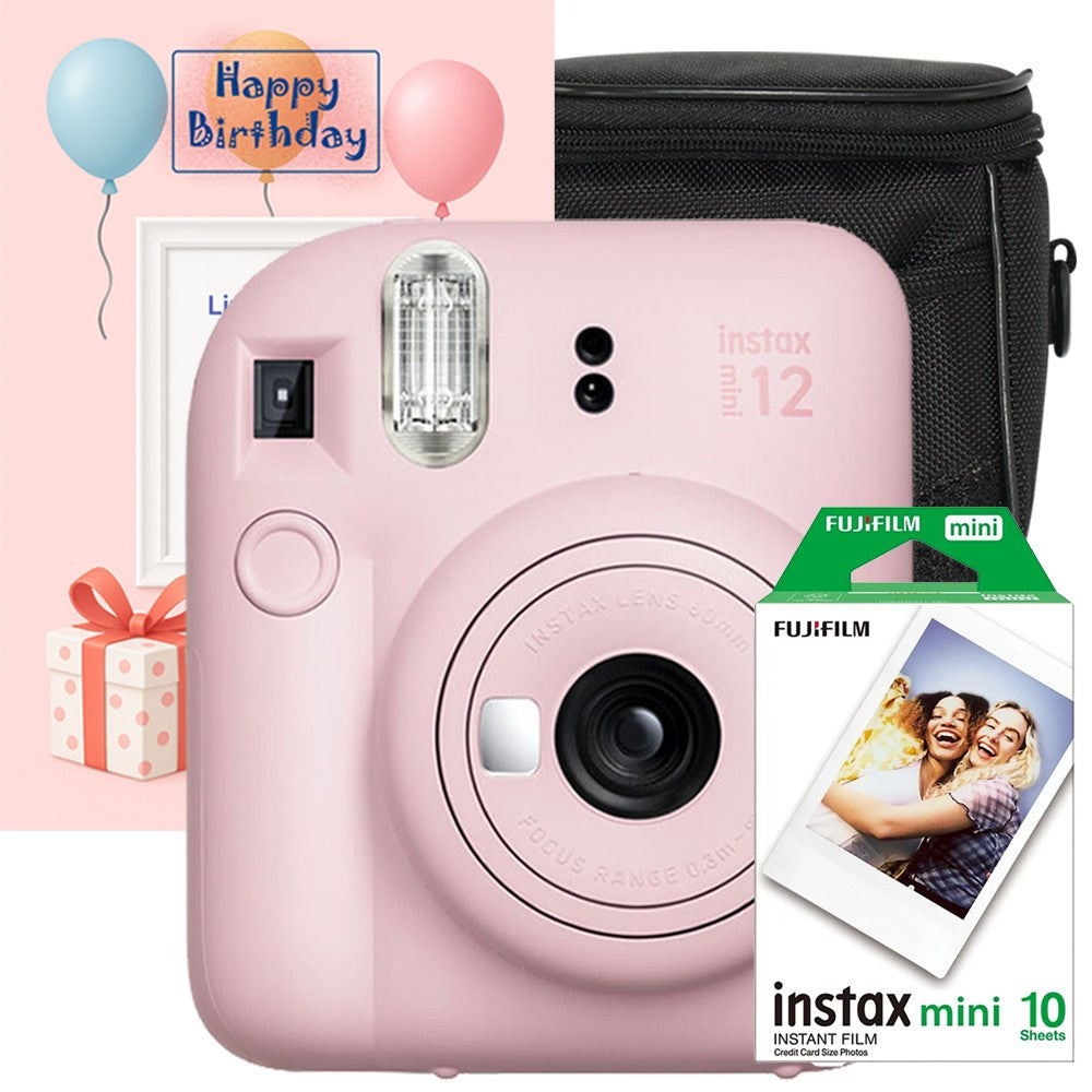Set Cadou Zi de Nastere – aparat foto instant Fujifilm Instax Mini 12 Roz cu Film, Husa si Felicitare