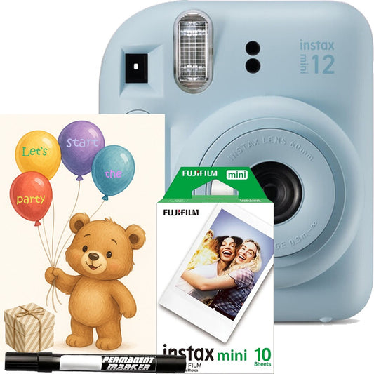 Aparat foto instant Fujifilm Instax Mini 12 Party Pack, bleu – Set Evenimente cu 10 Filme, Felicitare si Carioca