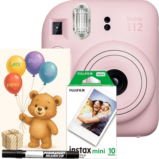 Aparat foto instant Fujifilm Instax Mini 12 Party Pack, roz – Set Evenimente cu 10 Filme, Felicitare si Carioca