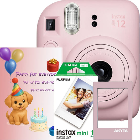 Aparat foto instant Fujifilm Instax Mini 12 Party Pack, roz – Set Evenimente cu 10 Filme, Felicitare si rama magnetica
