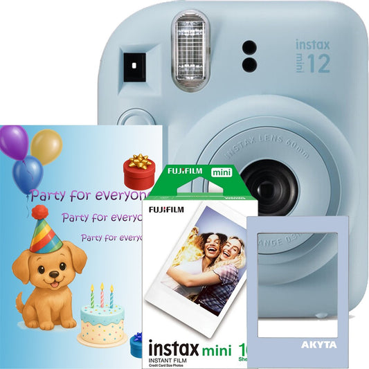 Aparat foto instant Fujifilm Instax Mini 12 Party Pack, bleu – Set Evenimente cu 10 Filme, Felicitare si rama magnetica