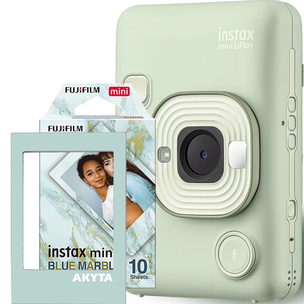 Aparat foto instant hibrid Fujifilm Instax mini LiPlay Misty White cu hartie 1x10 si rama magnetica Akyta