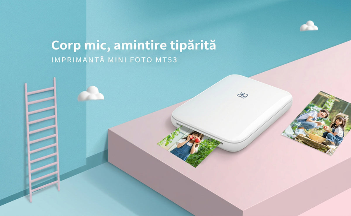Mega pachet Imprimantă foto portabilă Hanin MT53 ZINK + 100 coli suplimentare (105 în total)
