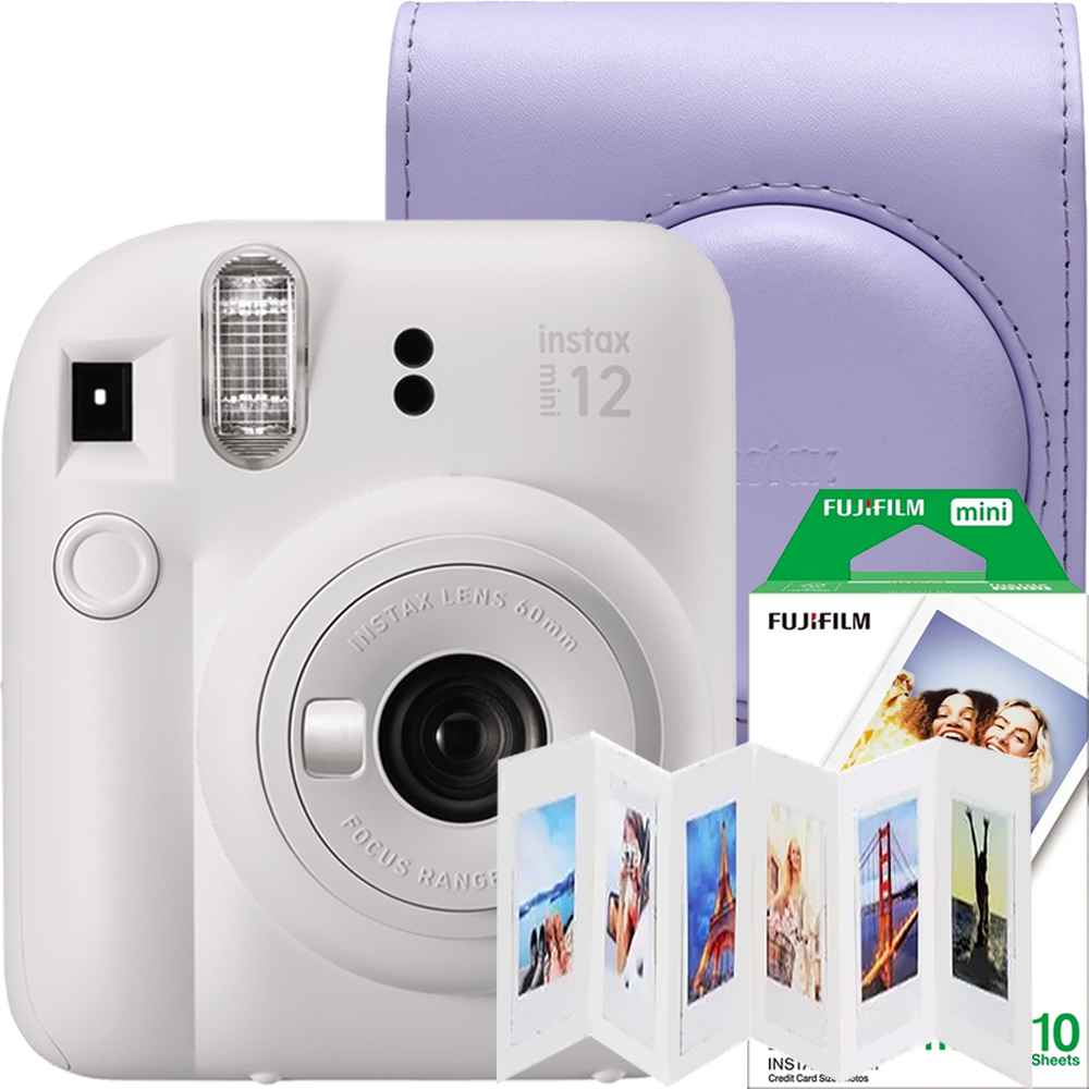 Set aparat foto instant Fujifilm Instax mini 12, Clay White cu husa mov, rama 6 pozitii Akyta si film 1x10