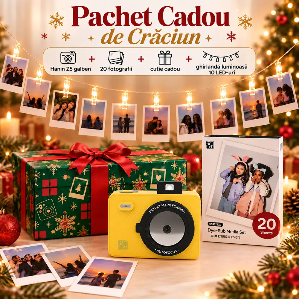 Aparat foto instant Hanin Z5 galben cu ghirlandă luminoasă, 30 de fotografii și cutie Christmas Time