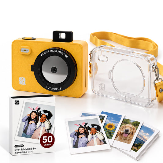 Pachet cadou Hanin Z5 galben, aparat foto + 50 coli foto + husă transparentă