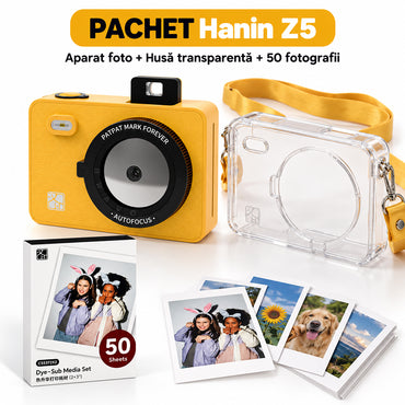 Pachet cadou Hanin Z5 galben, aparat foto + 50 coli foto + husă transparentă