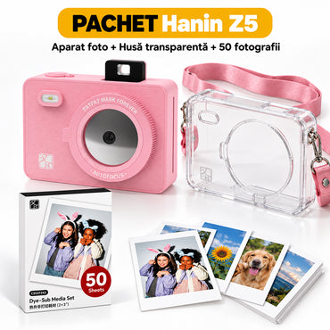 Pachet cadou Hanin Z5 roz, aparat foto + 50 coli foto + husă transparentă