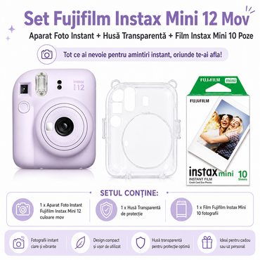 Set Fujifilm Instax Mini 12 Mov – Aparat Foto Instant + Husă Transparentă + Film Instax Mini 10 Poze