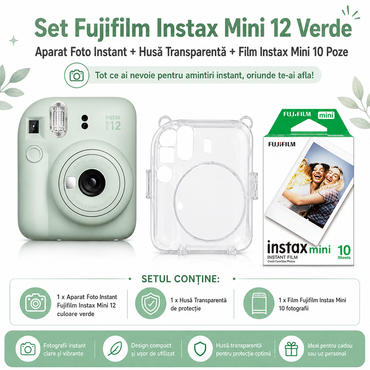 Set Fujifilm Instax Mini 12 Verde – Aparat Foto Instant + Husă Transparentă + Film Instax Mini 10 Poze