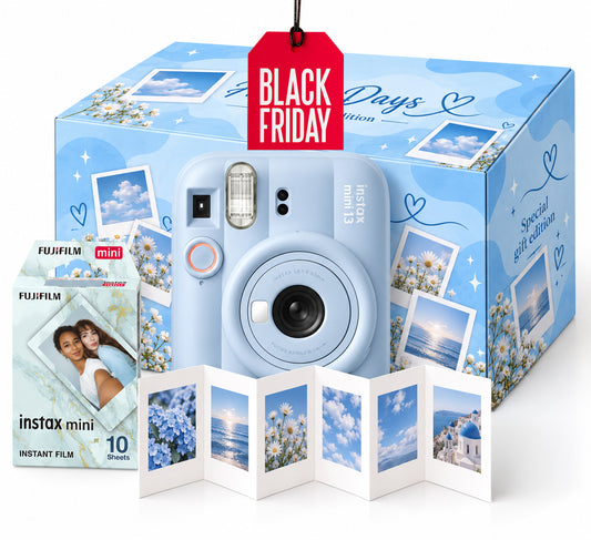 Pachet Cadou Instax Mini 13 Albastru – Cameră, Film, Cutie Happy Days, Ramă Acordeon