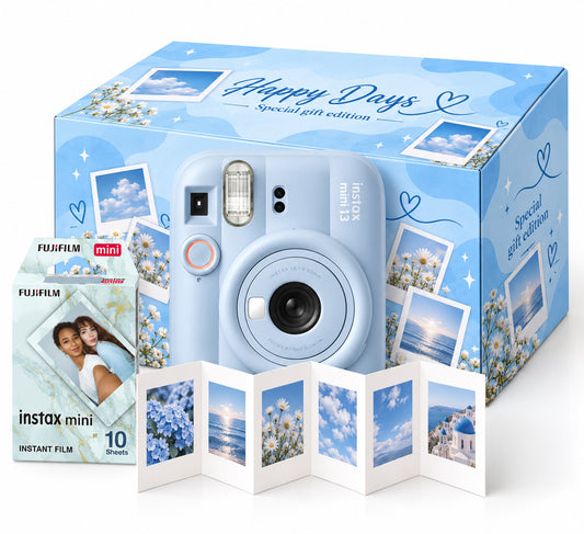 Pachet Cadou Instax Mini 13 Albastru – Cameră, Film, Cutie Happy Days, Ramă Acordeon