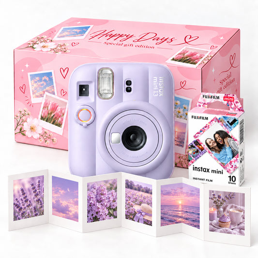 Pachet Cadou Instax Mini 13 Mov – Cameră, Film, Cutie Happy Days, Ramă Acordeon