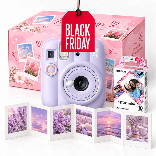 Pachet Cadou Instax Mini 13 Mov – Cameră, Film, Cutie Happy Days, Ramă Acordeon