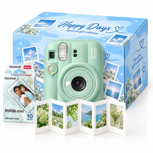 Pachet Cadou Instax Mini 13 Verde – Cameră, Film, Cutie Happy Days, Ramă Acordeon