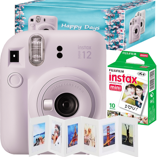 Set aparat foto instant Fujifilm Instax mini 12, Lilac Purple cu 10 filme, rama acordeon si cutie Happy Days