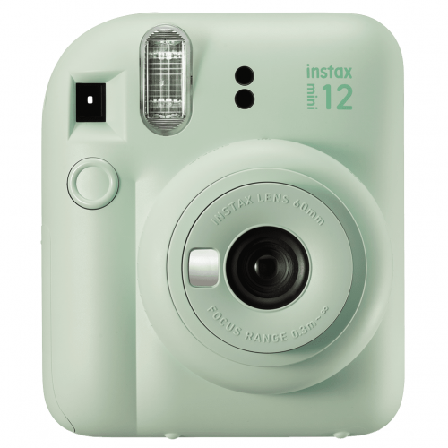 Aparat foto instant Fujifilm Instax mini 12, Mint Green cu 10 filme, rama acordeon si cutie Happy Days