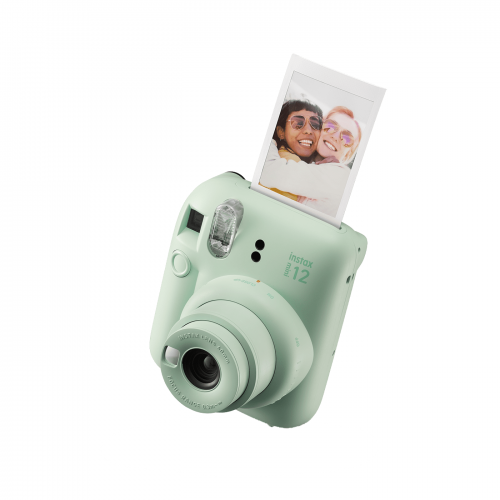 Aparat foto instant Fujifilm Instax mini 12, Mint Green cu 10 filme, rama acordeon si cutie Happy Days