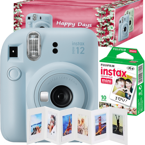 Aparat foto instant Fujifilm Instax mini 12, Pastel Blue cu 10 filme, rama acordeon si cutie Happy Days