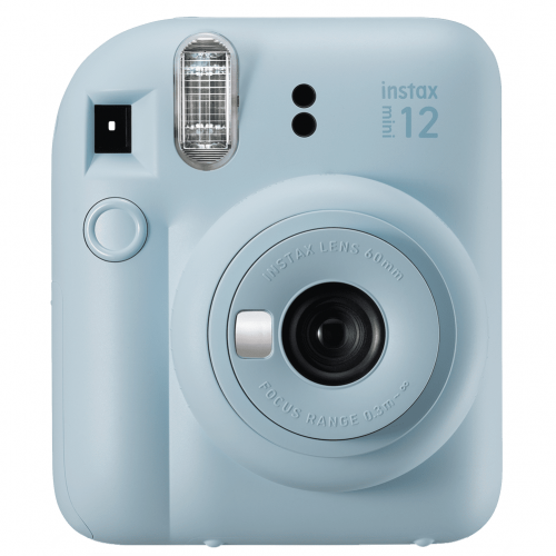 Aparat foto instant Fujifilm Instax mini 12, Pastel Blue cu 10 filme, rama acordeon si cutie Happy Days