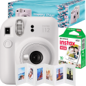 Aparat foto instant Fujifilm Instax mini 12, Clay White cu 10 filme, rama acordeon si cutie Happy Days