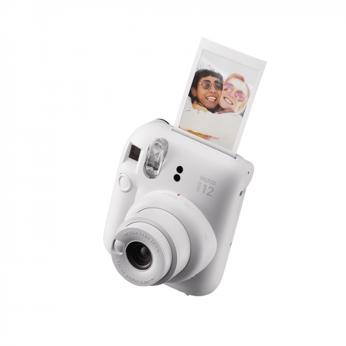 Aparat foto instant Fujifilm Instax mini 12, Clay White cu 10 filme, rama acordeon si cutie Happy Days