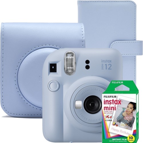 Aparat foto instant Fujifilm Instax mini 12, Pastel Blue cu husa, album foto si film