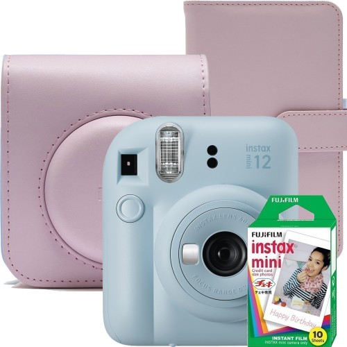 Aparat foto instant Fujifilm Instax mini 12, Pastel Blue cu Husa Roz, album roz si Film 1x10