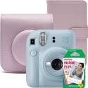 Aparat foto instant Fujifilm Instax mini 12, Pastel Blue cu Husa Roz, album roz si Film 1x10