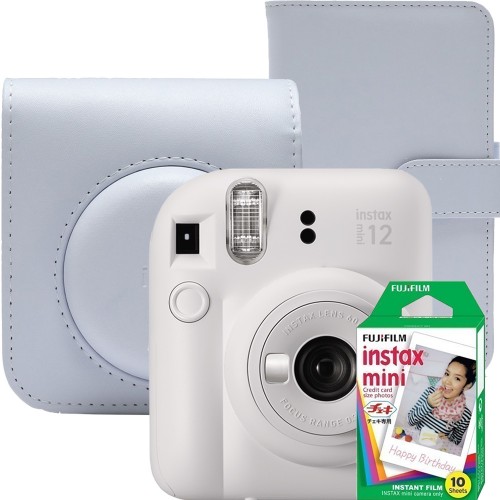 Aparat foto instant Fujifilm Instax mini 12, Clay White cu husa, album foto si film 1x10