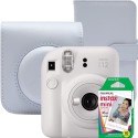 Aparat foto instant Fujifilm Instax mini 12, Clay White cu husa, album foto si film 1x10