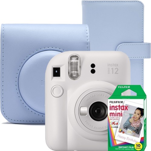 Aparat foto instant Fujifilm Instax mini 12, Clay White cu Husa bleu, album bleu si Film 1x10