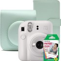 Aparat foto instant Fujifilm Instax mini 12, Clay White cu Husa Verde, album verde si Film 1x10