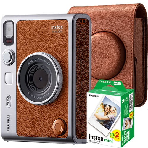 Aparat foto Fujifilm Instax mini Evo, maro, cu geanta si film 2x10