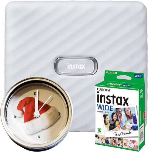 Set imprimanta foto Fujifilm Instax Wide Ash White cu hartie 1x10 si ceas Craciun