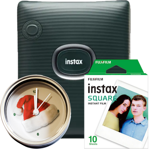 Set imprimanta foto Fujifilm Instax SQUARE Midnight Green cu hartie 1x10 si ceas Craciun