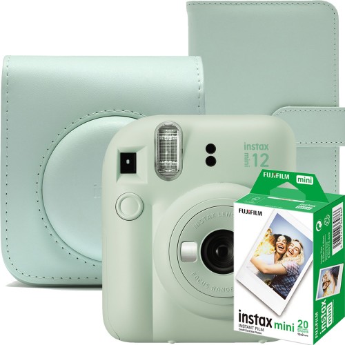 Set aparat foto instant Fujifilm Instax mini 12, Mint green cu husa, album foto si 20 filme