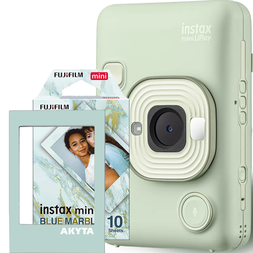 Aparat foto instant hibrid Fujifilm Instax mini LiPlay verde cu hartie 1x10 si rama magnetica Akyta