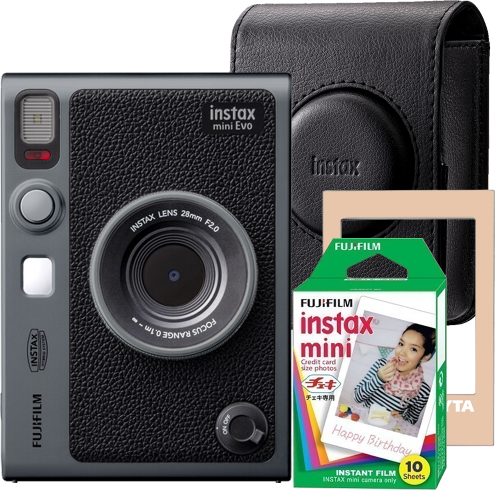 Aparat foto Fujifilm Instax mini EVO Hybrid cu husa, Dark Silver, film1x10 si rama Akyta