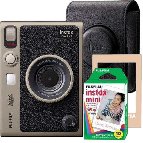 Aparat foto Fujifilm Instax mini EVO Hybrid cu husa, Titanium Gold, film1x10 si rama Akyta