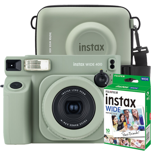 Aparat foto instant Fujifilm Instax Wide 400 verde cu film 1x10 si husa