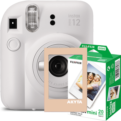 Camera foto instant Fujifilm Instax mini 12, Clay White cu rama magnetica Akyta si 20 filme