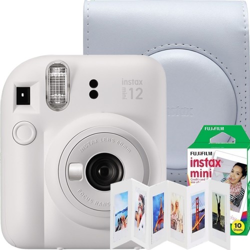 Set aparat foto instant Fujifilm Instax mini 12, Clay White cu husa Fujifilm, rama 6 pozitii Akyta si film 1x10