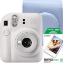 Aparat foto instant Fujifilm Instax mini 12, Clay White cu husa bleu si film 1x10