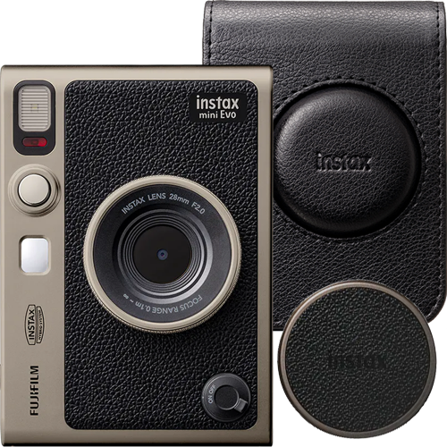 Aparat foto instant Fujifilm Instax mini EVO Limited Edition Hybrid cu husa, curea de umar si capac obiectiv, Dark Silver