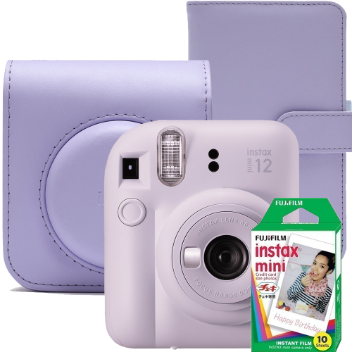 Aparat foto instant Fujifilm Instax mini 12, Lilac Purple cu husa, album foto si film 1x10