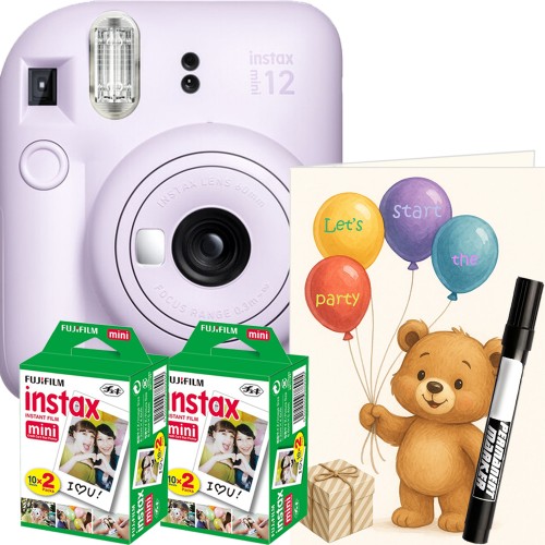 Aparat foto instant Fujifilm Instax Mini 12 Party Pack, mov – Set Evenimente cu 40 Filme, Felicitari si Accesorii