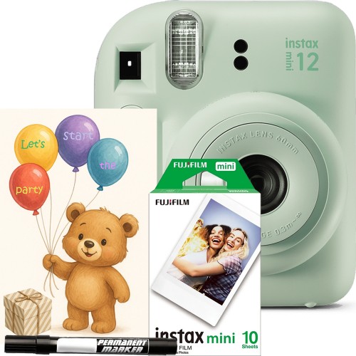 Aparat foto instant Fujifilm Instax Mini 12 Party Pack, verde – Set Evenimente cu 10 Filme, Felicitare si Carioca